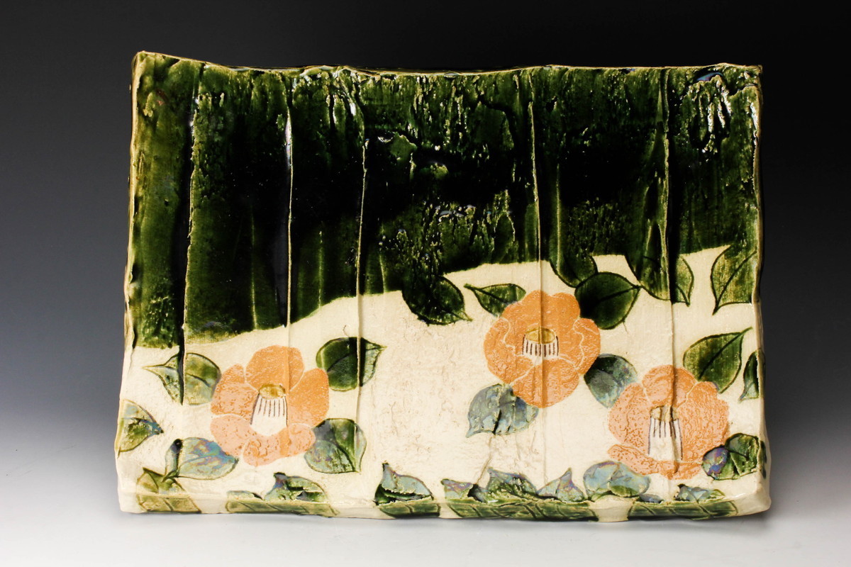 佳香】飛井隆司 織部大皿『匂ひ吹雪』幅40cm 共箱 栞 本物保証(織部  