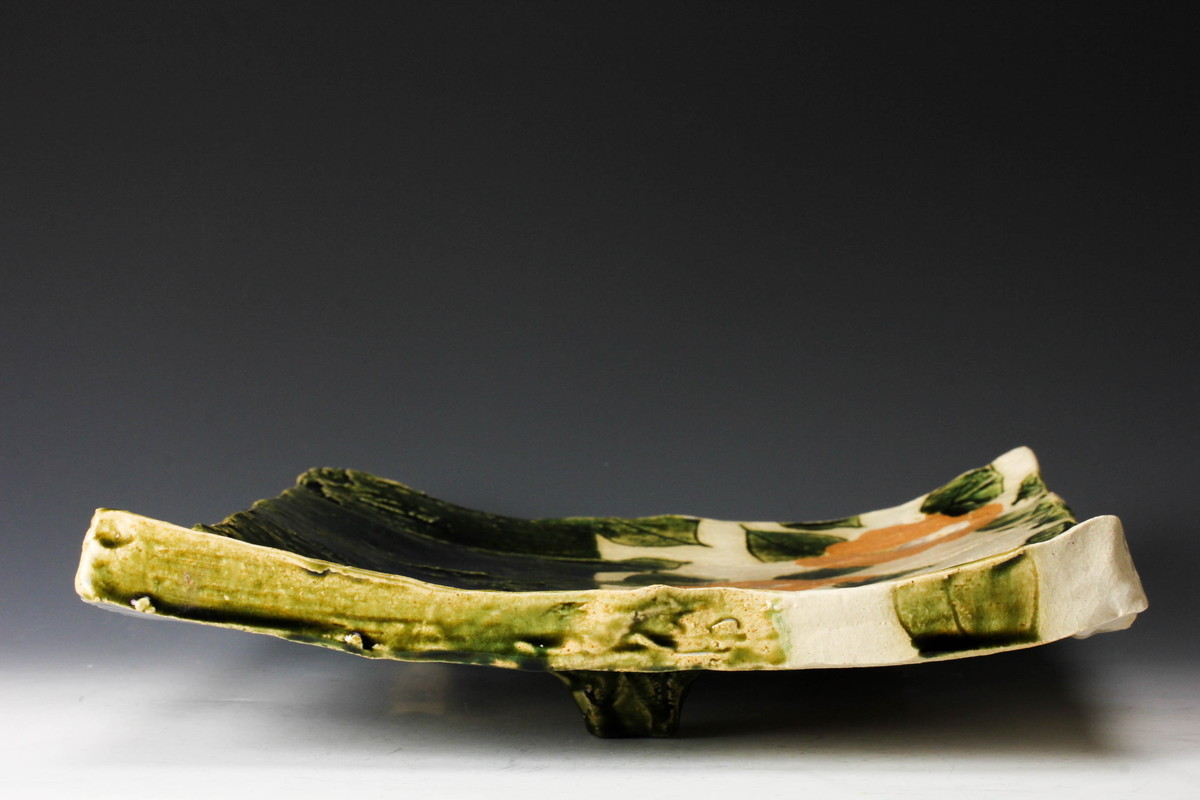 佳香】飛井隆司 織部大皿『匂ひ吹雪』幅40cm 共箱 栞 本物保証(織部  