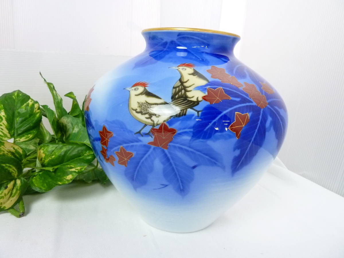 ☆香蘭社 花瓶 花器 壺 紅葉に鳥 金縁金彩 オブジェとしても (香蘭社