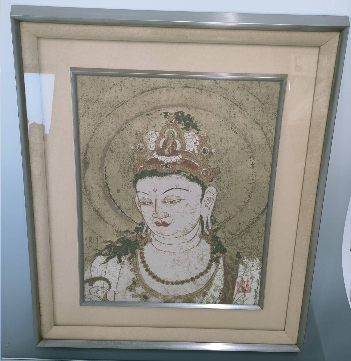 山23) 壁画阿弥陀浄土図 額装 西陣美術工芸織 苑寿織匠 金糸法隆寺金堂