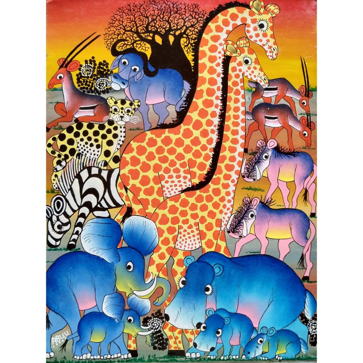 ●アフリカの絵画、ティンガティンガ、夕暮れ時のサバンナ、30×40cm 美術品・アンティーク・コレクション ○アフリカの絵画、ティンガ