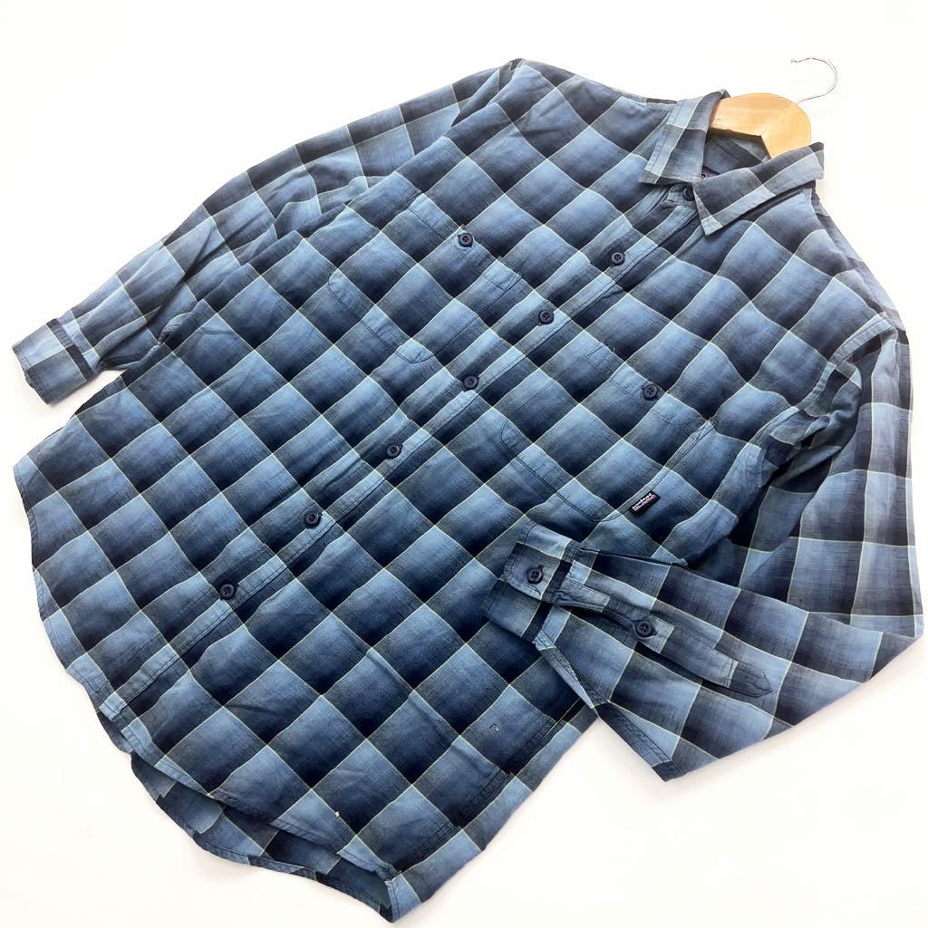 パタゴニア ☆ patagonia オーガニックコットン チェックシャツ 長袖 シャツ ネイビー ブルー S 定番 登山 アウトドア キャンプ■ED167