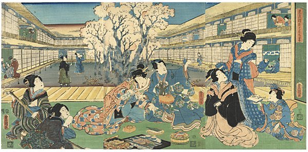 morimiya* 鮨 寿司 豊国三代『見立源氏はなの宴』本物浮世絵版画 大判錦絵 TOYOKUNIⅢ UKIYOE SUSI 花見 