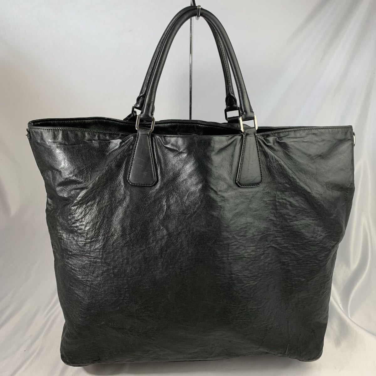 1円 美品 大型 ビジネスバッグ A4収納可 三角ロゴプレート 白タグ PRADA