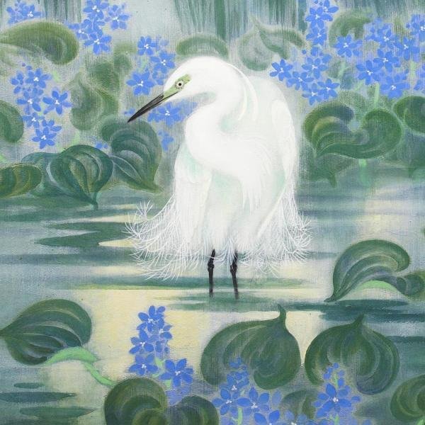 WISH】在銘「鷺三題ノ内 水葵」日本画 20号 大作 金