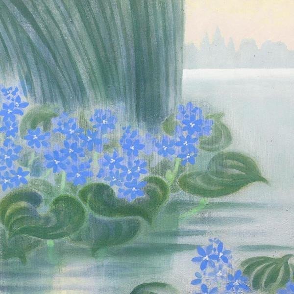 WISH】在銘「鷺三題ノ内 水葵」日本画 20号 大作 金