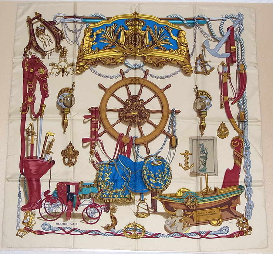 Foulard HERMÈS Vintage En Soie - Motif Bateaux à Vapeur Ledoux 1962 - Bleu - Fait Main France
