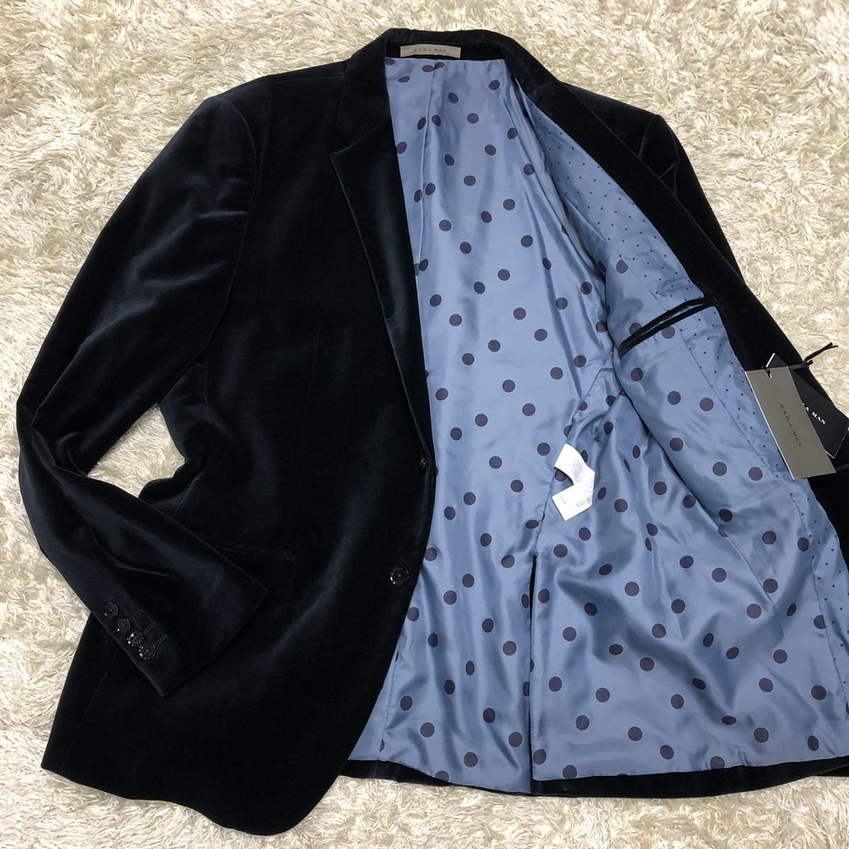 赤字超特価，送料無料 タグ付き ザラ マン 裏地 魅せる ZARA MAN ベロアジャケット テーラードジャケット ドット柄 最高級 秋冬 黒 サイズ56 XXL(XLサイズ以上)｜売買されたオークション情報、yahooの商品情報をアーカ XLサイズ以上