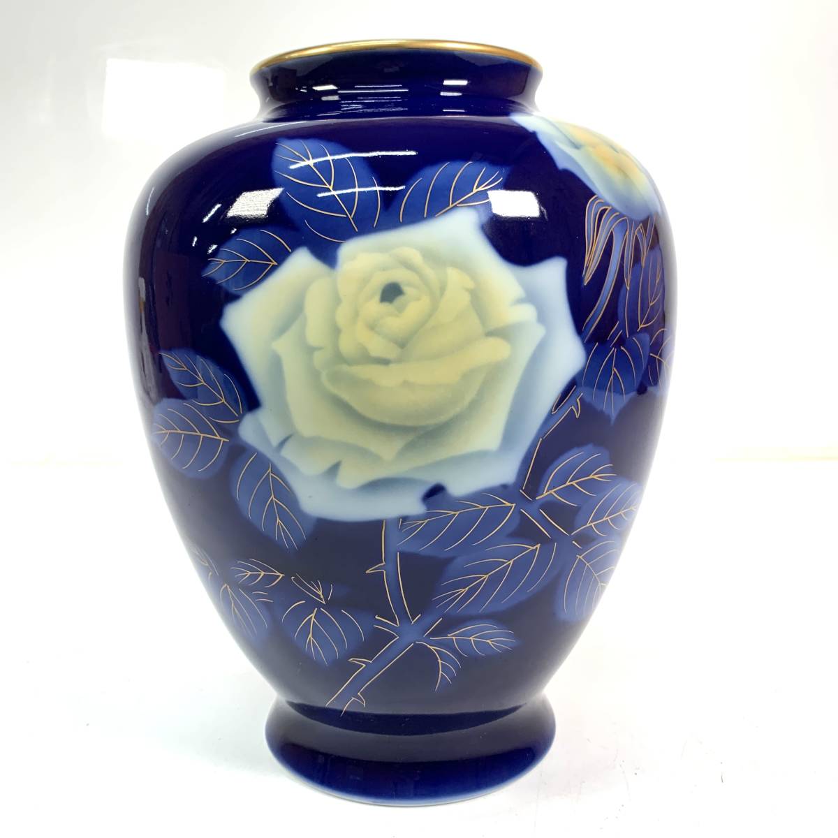 特大花瓶 有田焼 深川製磁 瑠璃牡丹ルリ金彩 宮内庁御用達 花生 14号 深川