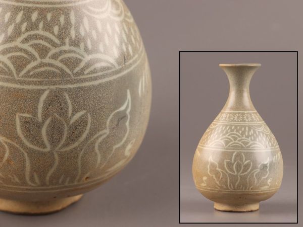 古美術 高麗青磁 白黒象嵌 朝鮮古陶磁器 時代物 極上品 花瓶 初だし品