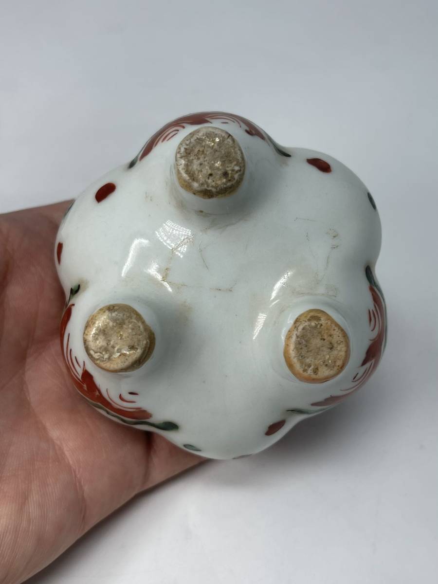 時代物 旧家蔵出 明朝期 赤絵 馬文獣耳三足香炉 純銀蓋付 古物保証