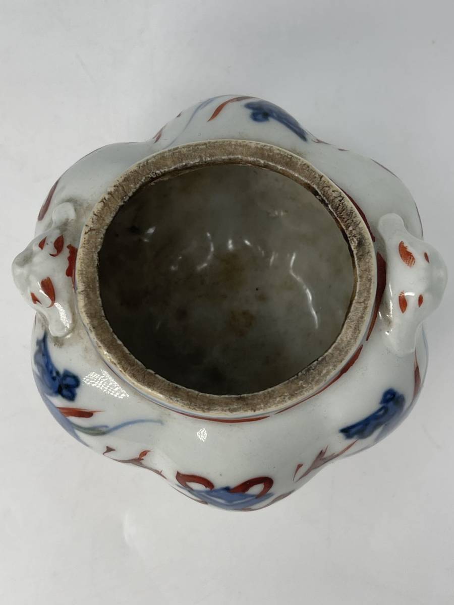 時代物 旧家蔵出 明朝期 赤絵 馬文獣耳三足香炉 純銀蓋付 古物保証
