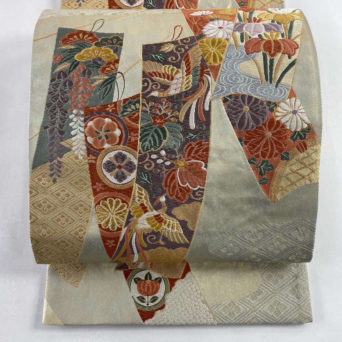 【競ナビ】 袋帯 美品 秀品 短冊 尾長鳥 箔 刺繍 灰緑 六通 正絹 【中古】