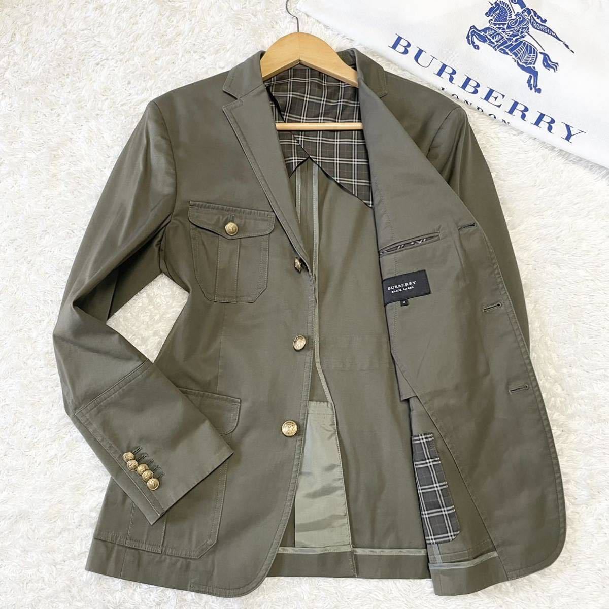 美品 バーバリーブラックレーベル【大人の高級感】金ボタン BURBERRY BLACK LABEL テーラードジャケット 裏地 ノバチェック カーキ BURBERRY BLACK バーバリーブラックレーベル テーラードジャケット 極美品 ミリタリージャケット