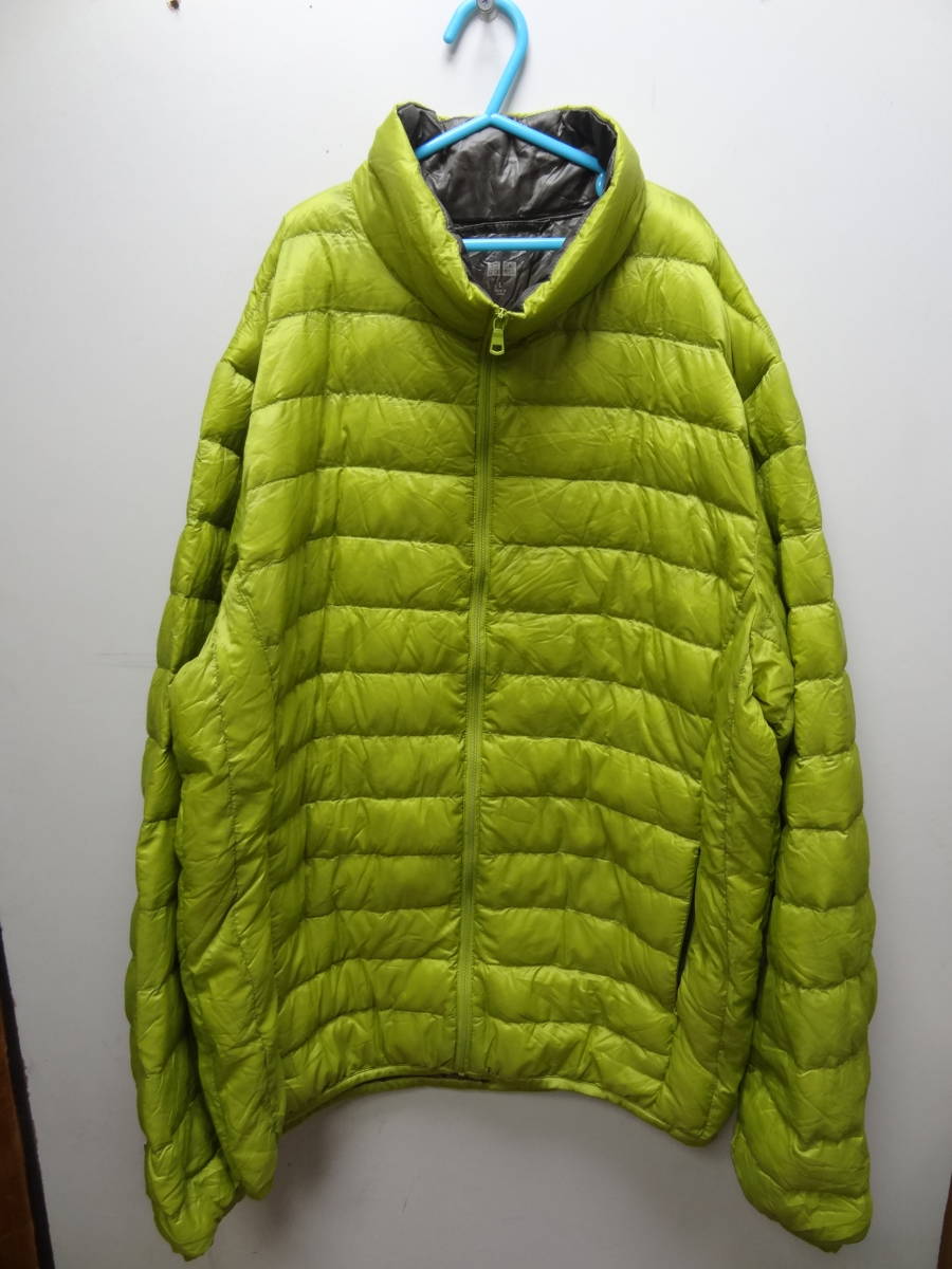 全国送料無料 ユニクロ UNIQLO メンズ 黄緑わさび色 表ナイロン素材 カバン＆ポケットに入るポケッタブル ハイネック ダウンジャケット L