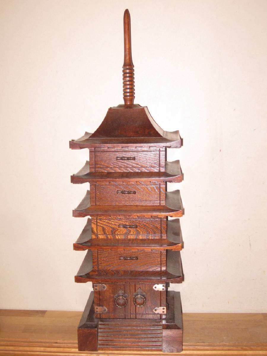 五重塔型宝石箱 高さ約63.5cm 重量約3kg 木製 相輪修復跡あり ジュエリーボックス 小物入れ 引き出し