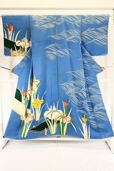 【着物フィ】アンティーク　訪問着　かきつばた　杜若　波　金駒刺繍　刺繍　身丈152cm 　可愛い　大正ロマン　レトロ　正絹　12132