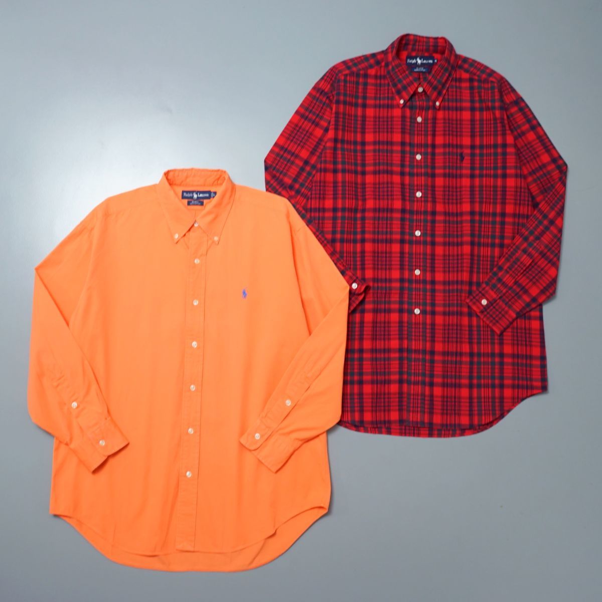 TF0235◎90’s Ralph Lauren ラルフローレン メンズ BLAKE ボタンダウンシャツ 2枚セット ポニー刺繍 コットンツイル + チェックシャツ