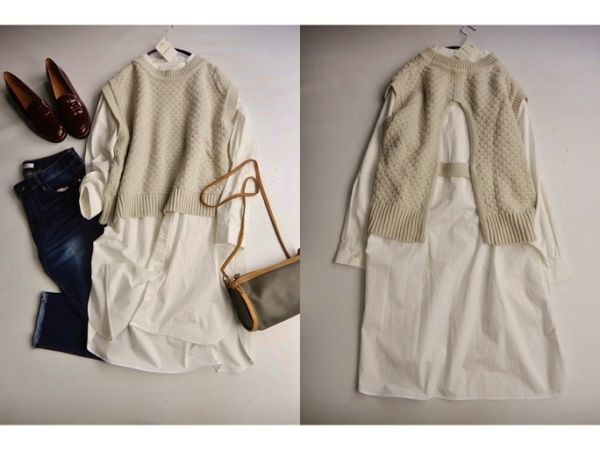 タグ付未使用♪ビーミング バイ ビームス B:MING by BEAMS 大人可愛いニットベストxバンドカラーシャツワンピースセットアップ♪