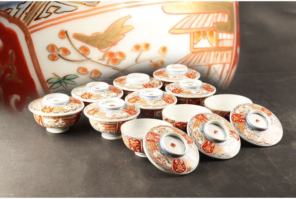 URA]赤絵金襴手風景花鳥文蓋茶碗十客/9-11-94(検)骨董/伊万里/急須