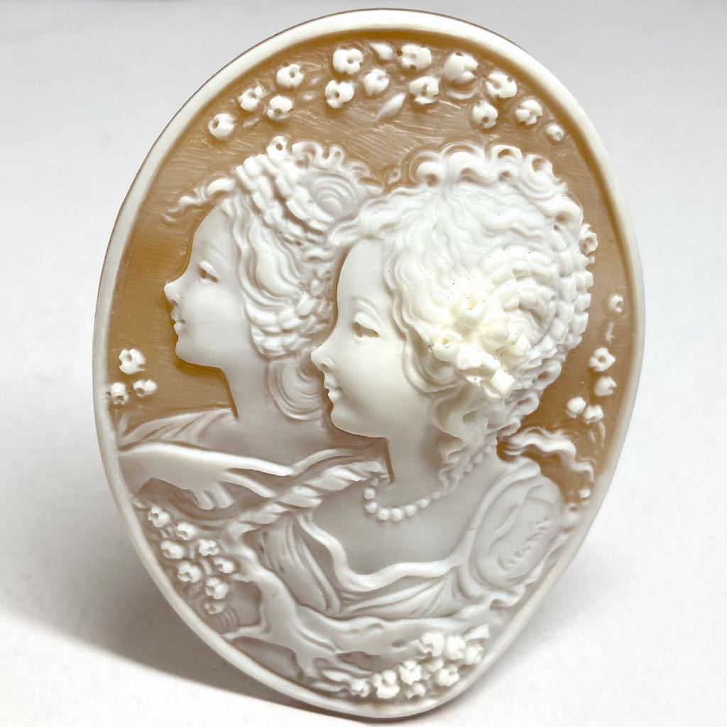◆シェルカメオ ルース ヴィンテージ アート 彫刻 美術品 アンティークレトロ① □シェルカメオ18.1g□90.5ct 69.7×52.3mm ルース 彫刻 貴婦人 作家物