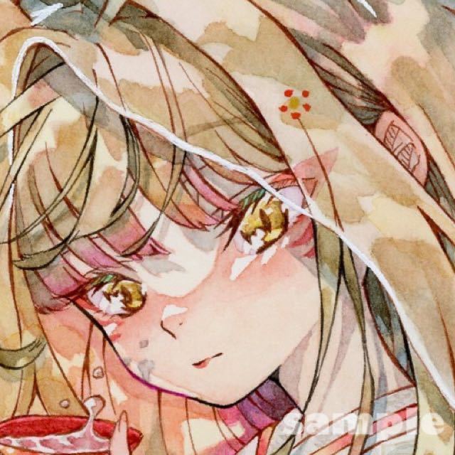 手描きイラストオリジナル 透明水彩 アナログ原画『狐の嫁入り』南天