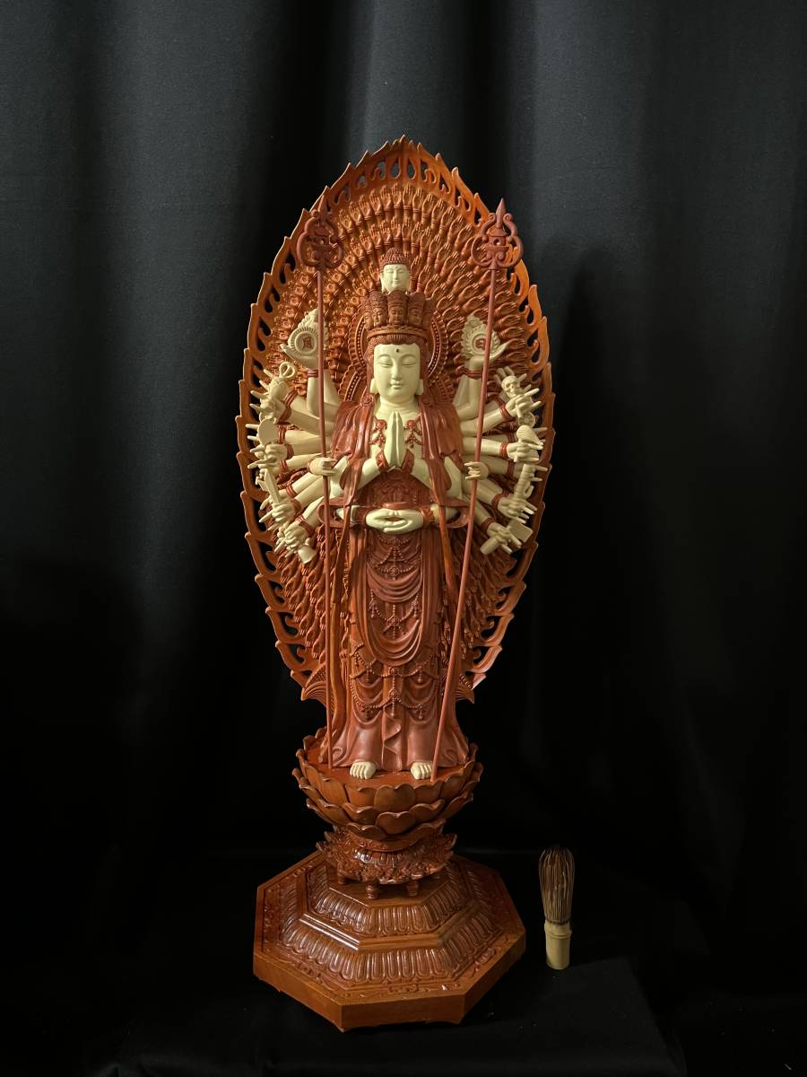 高36cmcm 仏教工芸品 総楠製 井波彫刻一刀彫 木彫仏像 龍上観音菩薩