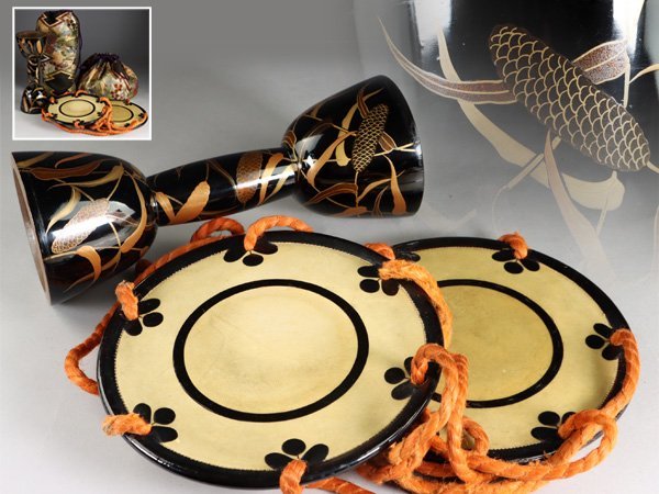 古い小鼓 太鼓 和楽器 黒漆 蛤絵 金蒔絵 ハマグリ 貝絵 保存袋 在銘 Alacantitv Com