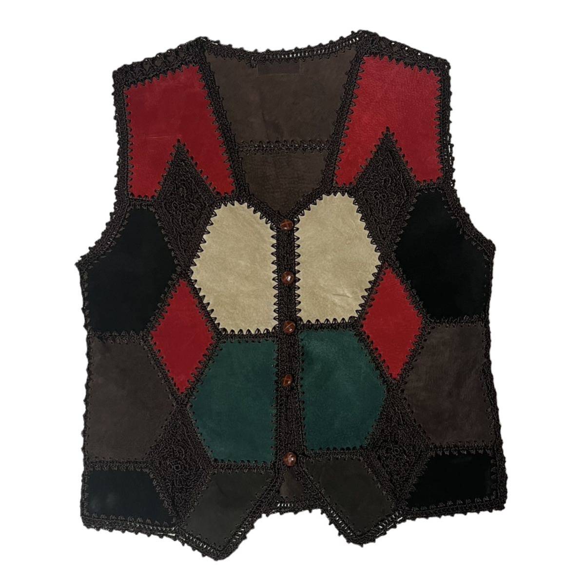 【1970s】ビンテージ　パッチワーク　レザーベスト　古着　スウェード　ニット　ハンドメイド　襤褸　ボロ　ヒッピー
