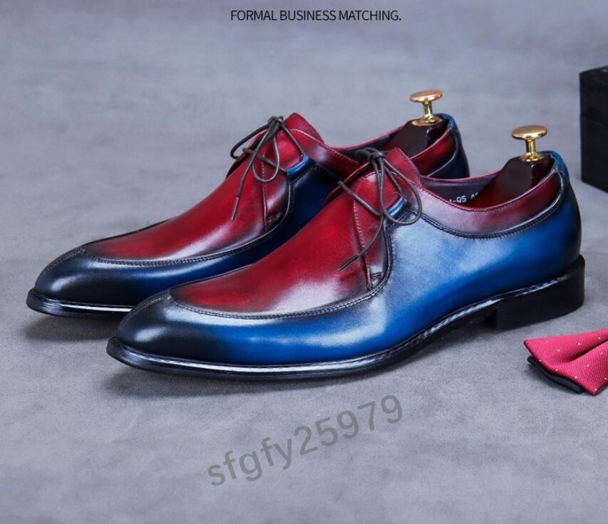 J212☆新品レザーシューズ 配色切替デザイン 派手 限定紳士 ビジネスシューズ 牛革 革靴 メンズ 希少 ブルー＋レッド 24.5~27.0