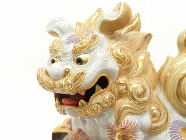 九谷焼 玉乗り獅子 開運 良好品 高さ約36cm 縁起置物 K6s147 双仙銘