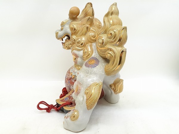 九谷焼 玉乗り獅子 開運 良好品 高さ約36cm 縁起置物 K6s147 双仙銘