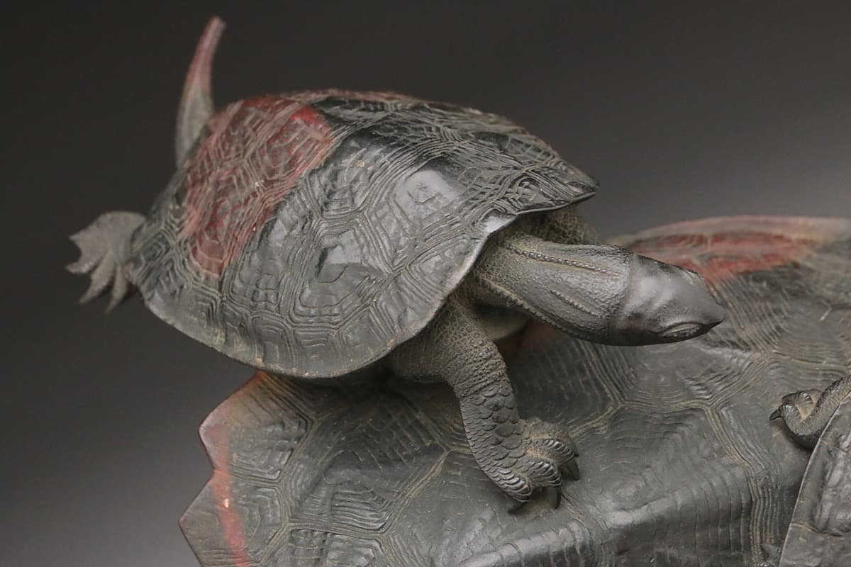 EF209 明治-昭和【名工 野上龍起 作】精巧 秀逸作 鋳銅「親子亀」幅