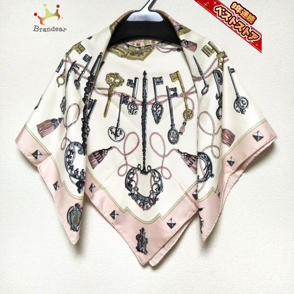 エルメス HERMES カレ90 ライトピンク×白×マルチ 鍵柄 スカーフ カレ90