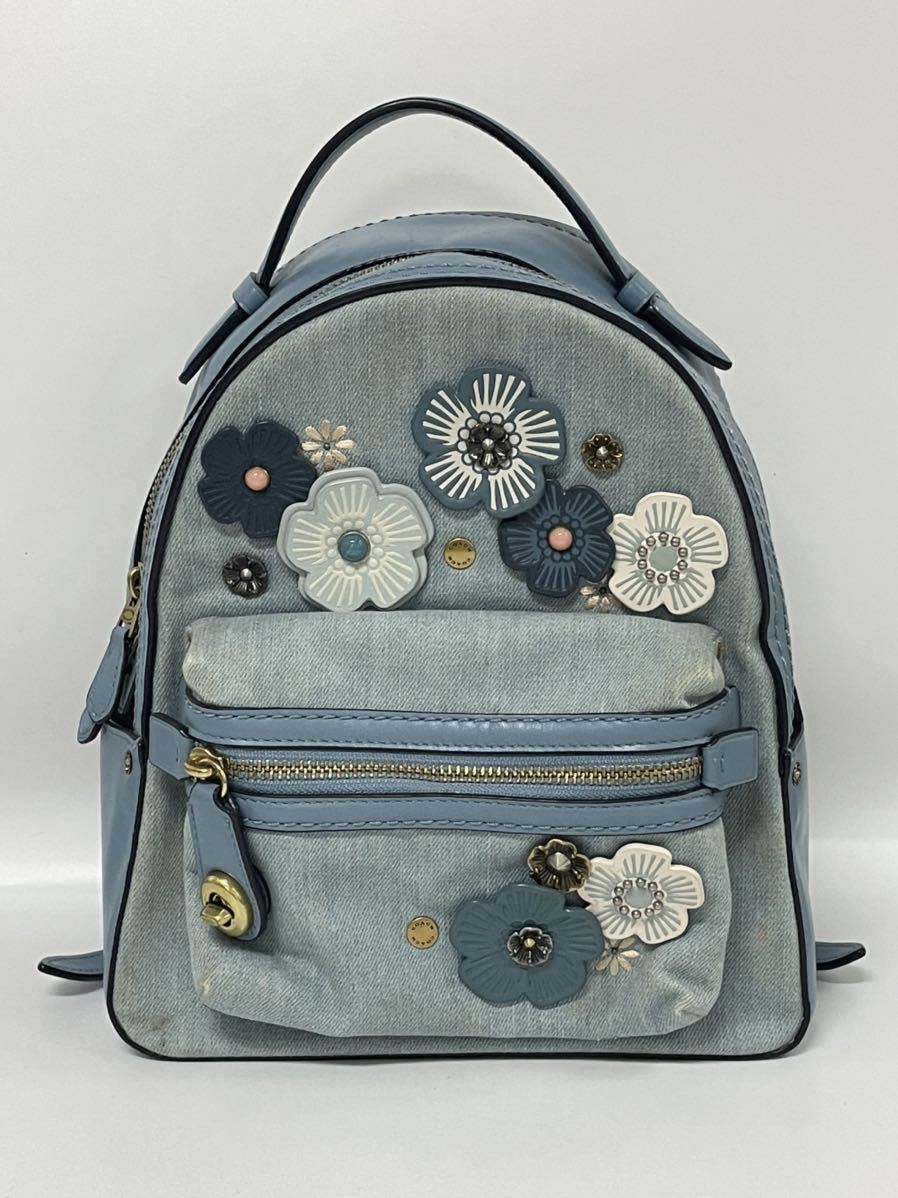 1円スタート COACH / L1821-54068 コーチ デニム レザー フラワー