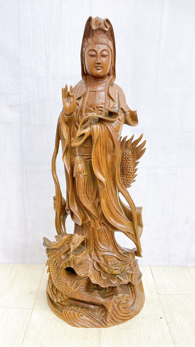 11SB119 綠檀木彫 龍上観音像 林洪英 木箱 置物 現状品 約46cmの入札