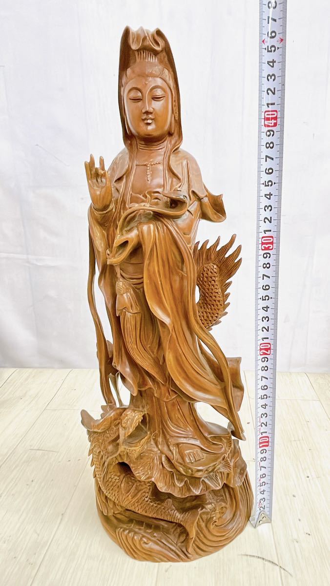11SB119 綠檀木彫 龍上観音像 林洪英 木箱 置物 現状品 約46cmの入札