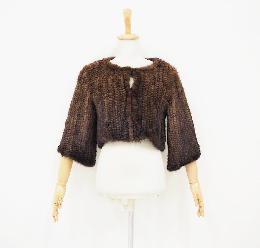 美品【 Cara /ヤーン加工 】ノーカラー/七分袖◆高級毛皮　ミンク◆ショートコート(カーディガン) 36cm丈◆ダークブラウン/ 中国製◆P412Ｕ