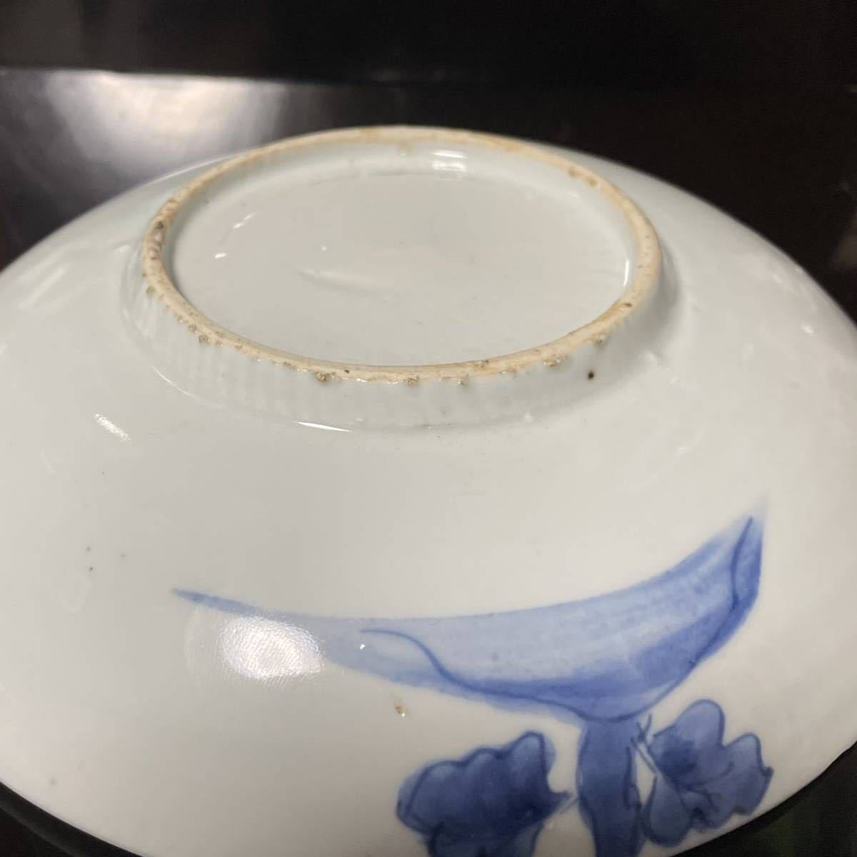 古染付 陰刻蓮花に菊花文7寸皿 明時代末期 青花中国古玩 景徳鎮 唐物