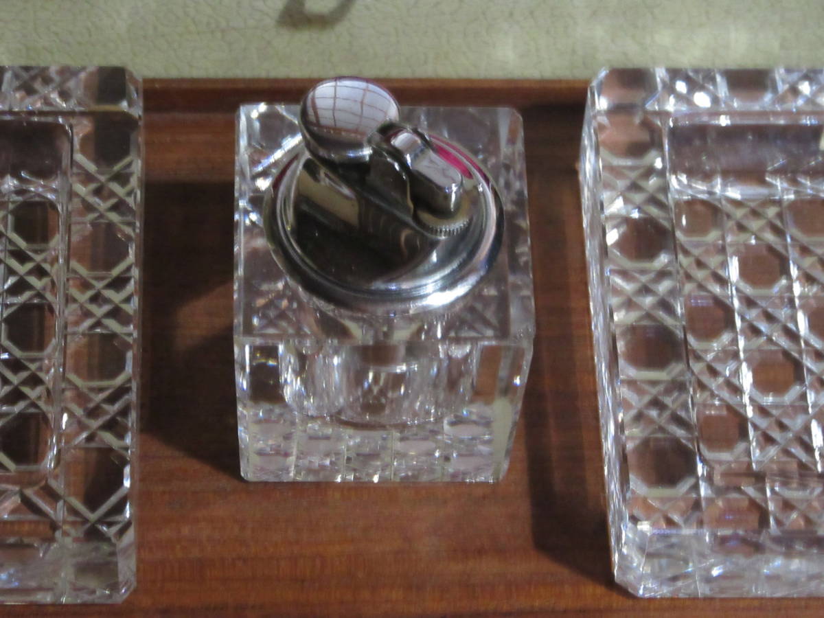 クリスタルガラス 置き型灰皿セット 木製トレイ付き クリスタルガラス