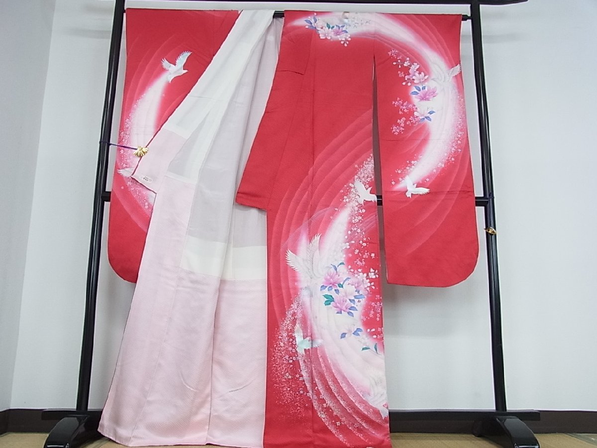 花美人着物□リチャード・クレイダーマン 振袖 花鳥文 暈し染 金銀彩 
