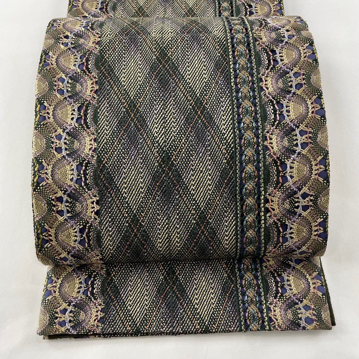 袋帯 美品 名品 やまと 幾何学模様 斜格子 金糸 組織 紫 全通 正絹 【中古】