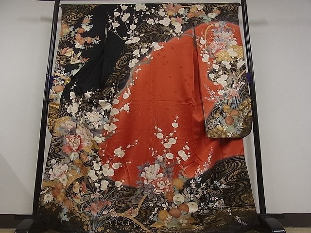 着物屋こころ□豪華振袖 駒刺繍 流水鴛鴦花文 暈し染 金彩