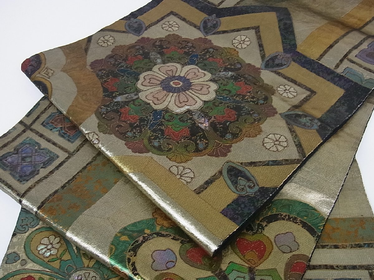 花美人着物■太鼓柄袋帯　螺鈿箔　正倉院花文　金彩　逸品　ps2747