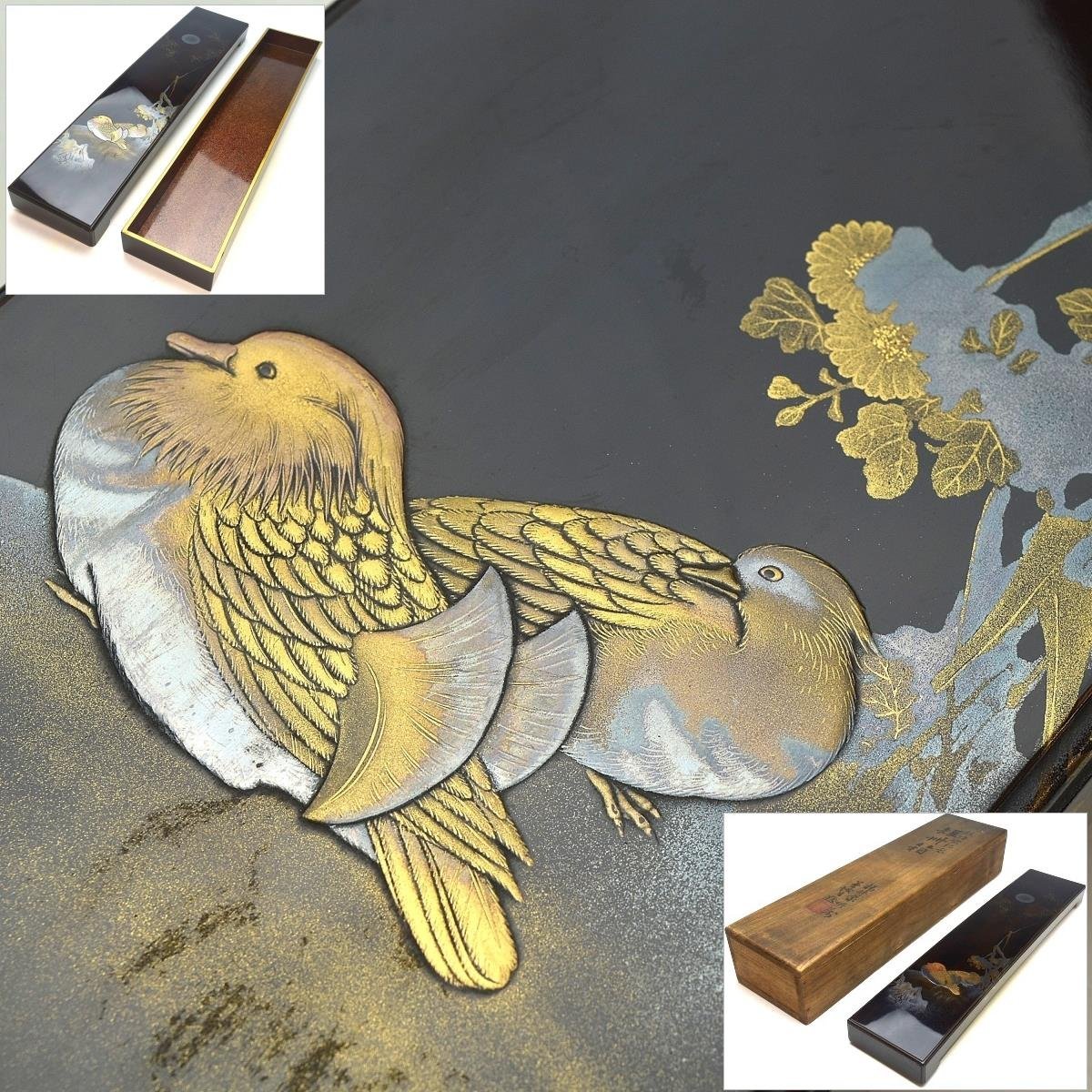 趣楽】 時代 花鳥図蒔絵短冊箱 幅38，3cm W1811 | 茶道具 共箱