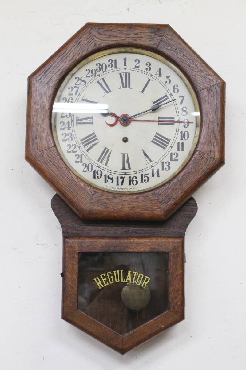 カナダ Arthur Pequegnat オーク材 アンティーク 八角型 掛時計 柱時計 機械式 振り子時計