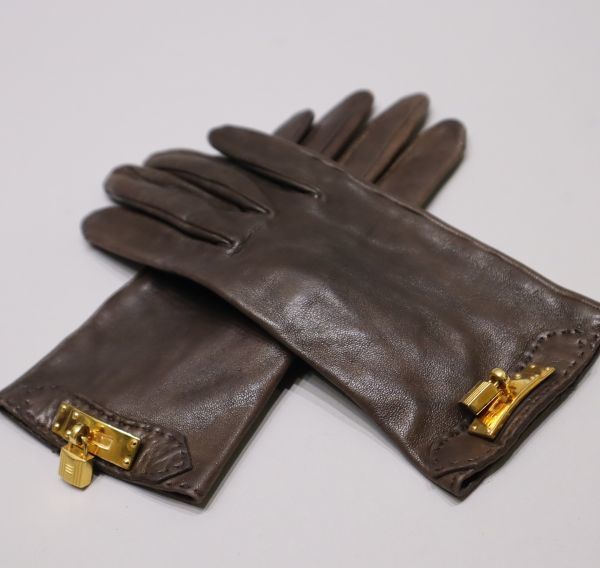 良品 HERMES エルメス ケリー カデナ ゴールド金具 レザー グローブ