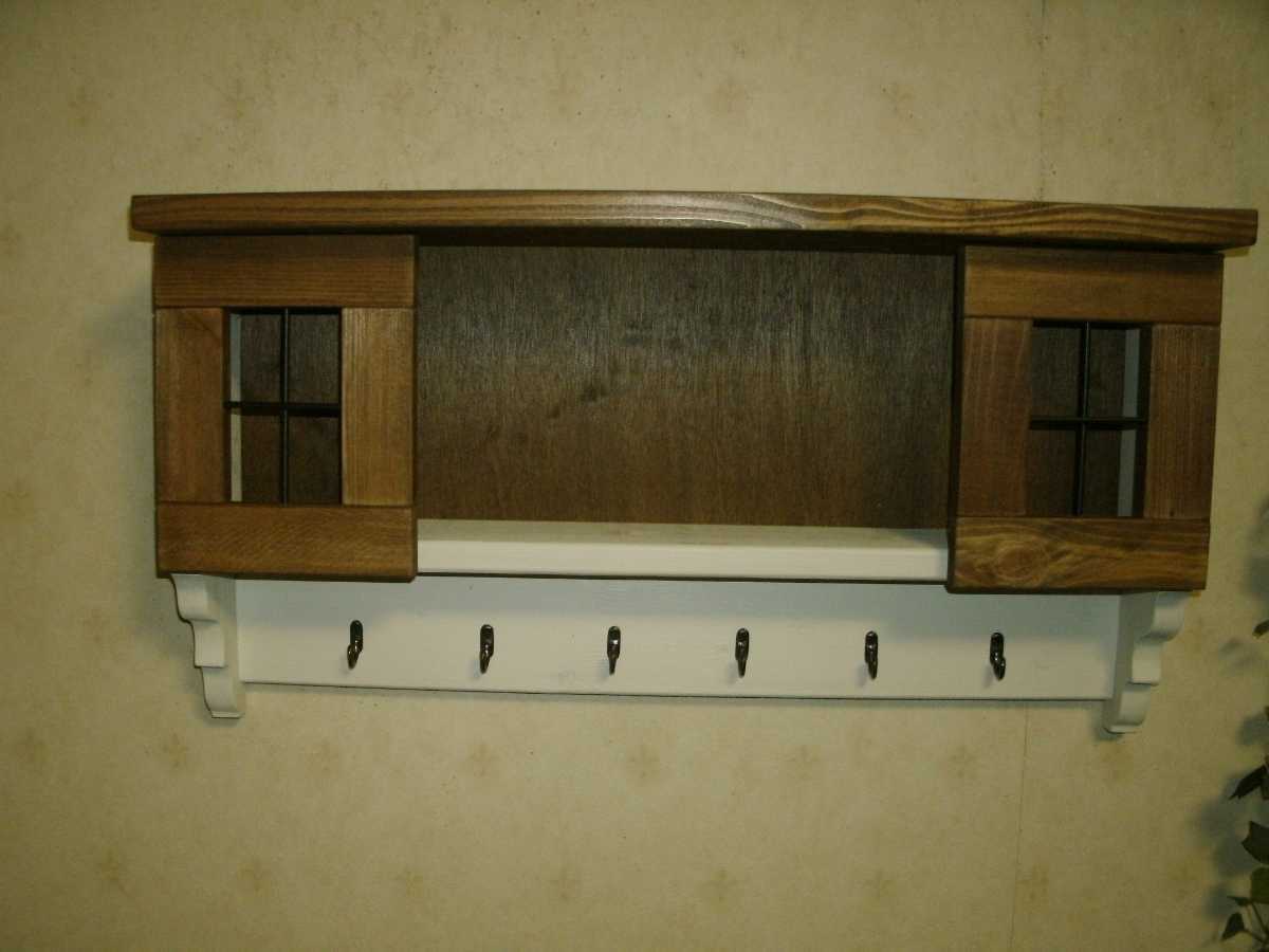 【送料無料】オリジナル 飾り扉付き ウォールシェルフ ホワイト＆ウォルナットカラー 壁掛け棚 アンティーク風 ハンドメイド 家具 