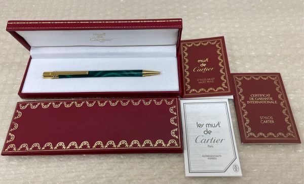S525-O25-632 CARTIER カルティエ マスト ドゥ カルティエトリンティ グリーン インク青 ツイストタイプ 全長約13.5cm 箱付き ⑥