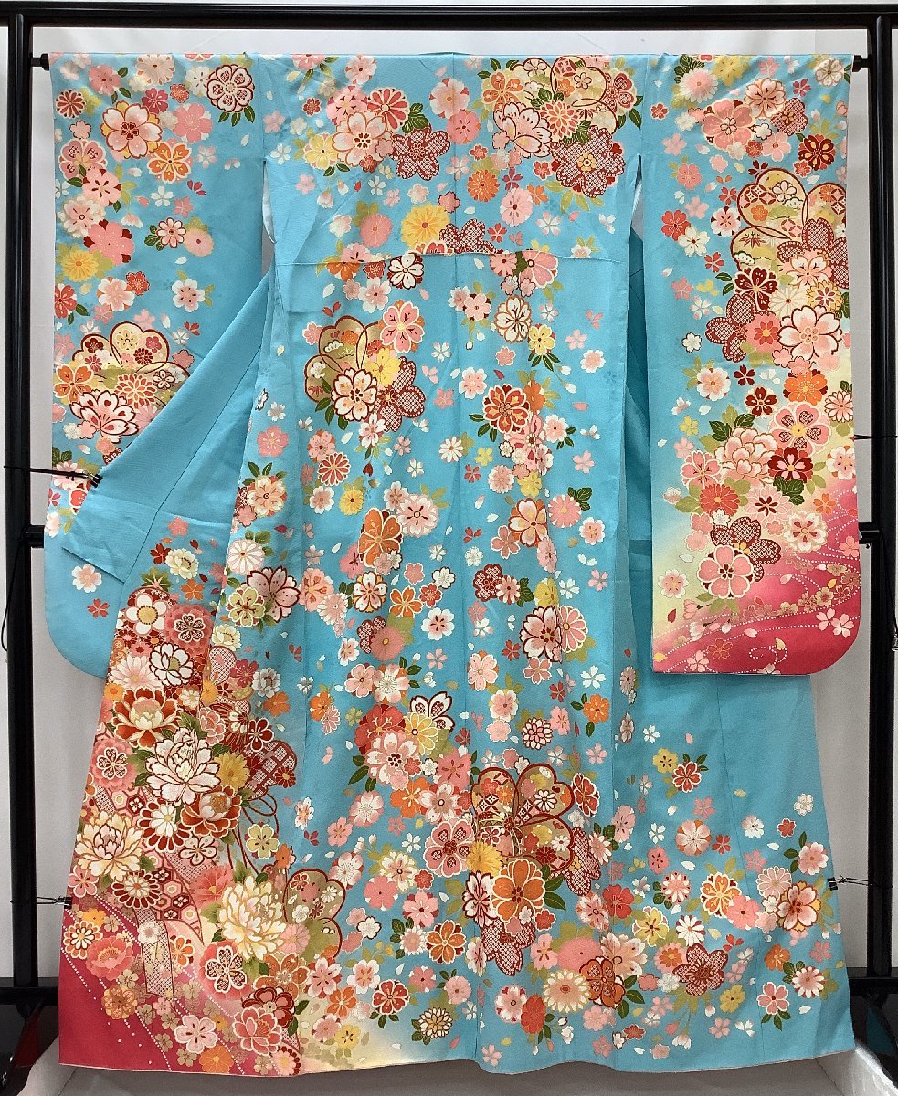 豊富な，定番 振袖 美品 名品 熨斗 草花 金彩 染め分け 紺色 袷 身丈